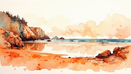 Beach scene watercolor painting delicate watercolor depicting calm beach scene with ocean sand and sky
