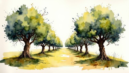 Watercolor trees on white background artistic watercolor illustration depicting various trees rendered with vibrant hues on pure white backdrop