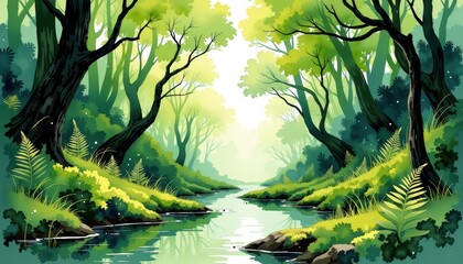 Forest stream scene woodland landscape with trees vibrant forest scene featuring winding stream flowing through dense woodland surrounded by tall trees