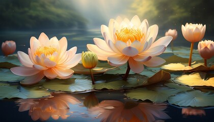 Elegant Lotus Flowers Blooming in a Tranquil Pond Serene Water Lily Landscape