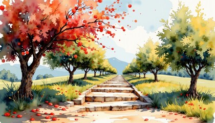 Forest path watercolor painting lush forest path rendered in watercolor showcasing natural beauty and serene landscape