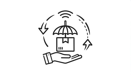 Black line art illustration of a hand holding a box under an umbrella inside a circular, dashed arrow frame