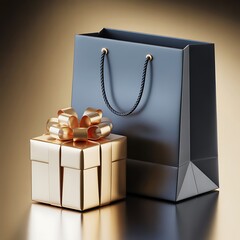 Elegant golden gift box with ribbon and sophisticated shopping bag for luxury brands, holiday promotions, and exclusive offers, creating a feeling of anticipation