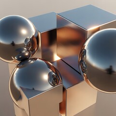 Abstract metallic orbs and cubes create a modern geometric composition, perfect for technology, innovation, or design concepts with a futuristic and stylish edge