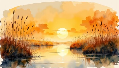 Captivating watercolor painting sunset over tranquil lake waters vibrant watercolor captures breathtaking sunset hues reflecting on serene lake surface