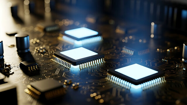 Close-up of a circuit board with glowing processors, illustrating advanced technology and data processing