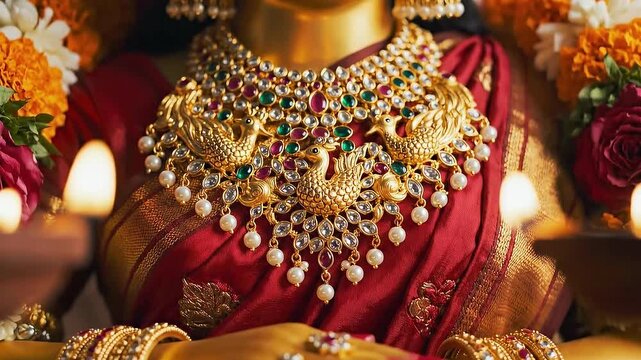 Goddess Lakshmi adorned in exquisite gold jewelry during Indian festival