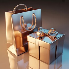 Elegant gift box with shimmering bow and matching shopping bag creates a luxurious feeling perfect for holiday promotions, special occasions, and retail campaigns