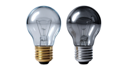 Illuminating Concepts: Two light bulbs, one clear and one mirrored, stand side by side, offering a visual metaphor for insight and reflection. The clear bulb glows with a filament within.