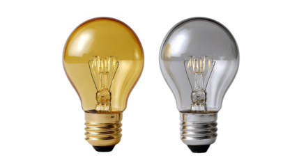 Illuminating Ideas: A close-up shot of two distinct light bulbs, one golden and the other silver, embodies innovative concept and creativity. 