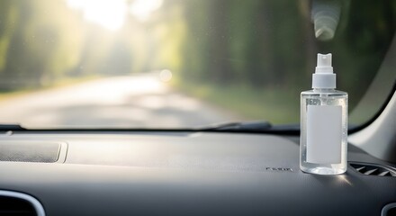 Hand sanitizer spray bottle on a car dashboard with a sunny blurred road background for safe travel concept and personal hygiene