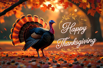 Wild Thanksgiving fowl, a majestic turkey with red feathers, stands on an autumn farm background