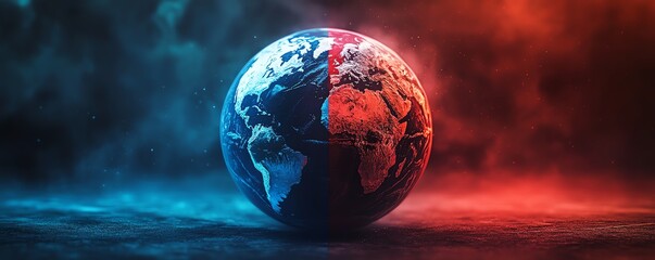 A globe divided into blue and red, symbolizing geopolitical tension