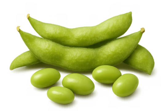 Edamame pods and shelled beans displaying vibrant green color and fresh texture, a nutritional plant-based protein source on transparent background