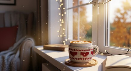 Warm cup of coffee by the window, evoking comfort and autumnal ambiance