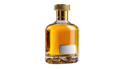 Golden Elixir in a Sleek Decanter: A captivating close-up of a luxurious glass bottle, filled with a rich golden liquid. Its elegant design and refined contents exude sophistication and allure.