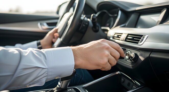 Driver's hand inserting car key into ignition to start a journey concept for modern travel and daily commuting