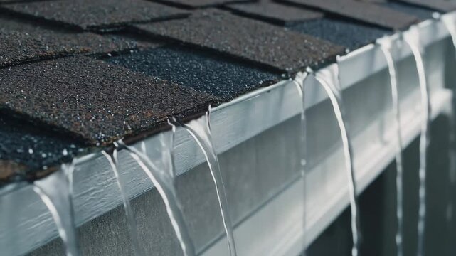 The rain falling over the edges of the gutter