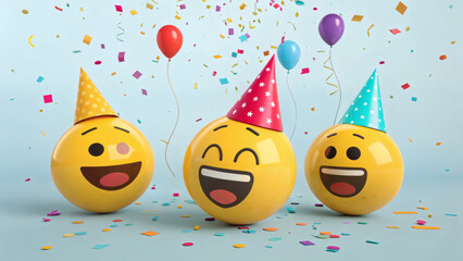 Three emoji characters celebrate with party hats and balloons on a light blue background