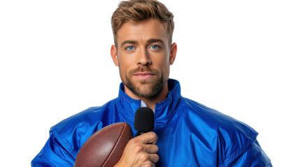 Sports Broadcaster: An athletic individual, poised and ready, holding a microphone and football, preparing to deliver expert commentary on the sport.