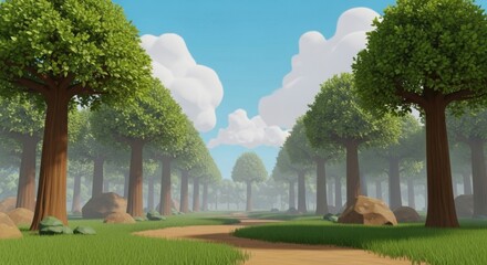 Naklejka premium Stylized enchanting forest pathway with trees and fluffy clouds backdrop
