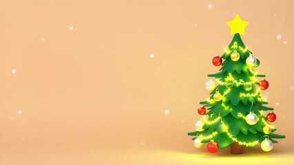 Cartonish Christmas tree with snow falling on pastel background with copy space 4K - Powered by Adobe