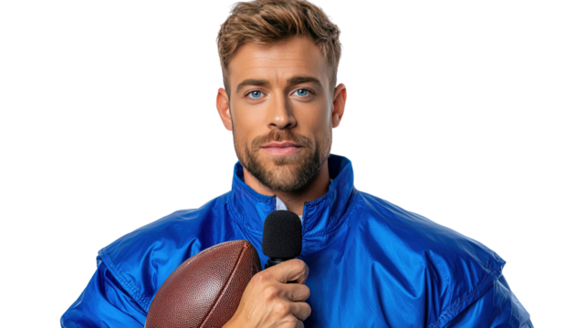Sports Broadcaster: An athletic individual, poised and ready, holding a microphone and football, preparing to deliver expert commentary on the sport.