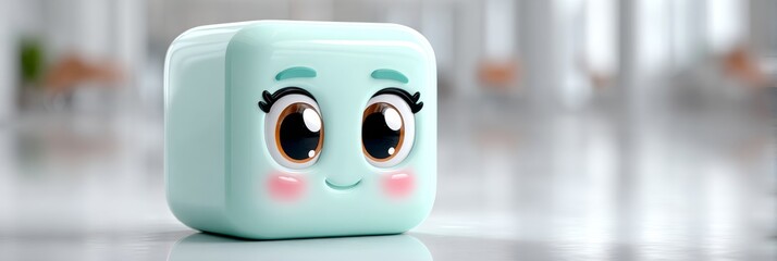 Charming Minty Cube Character with Big Eyes in a 3D Render on a Soft Blurred Background