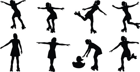 Black and white roller skater silhouette set vector illustration female figure skating poses collection isolated on white background active sport girl design elements