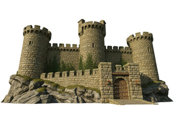 Isolated medieval stone castle on rocks with entrance gate for gaming or architectural design © Anneliese