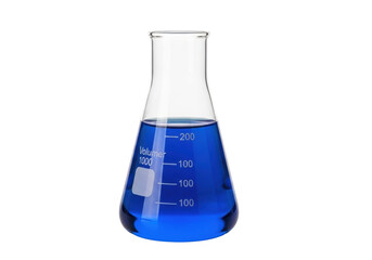 Isolated Erlenmeyer flask with blue liquid and scale, experiment or chemistry research tool