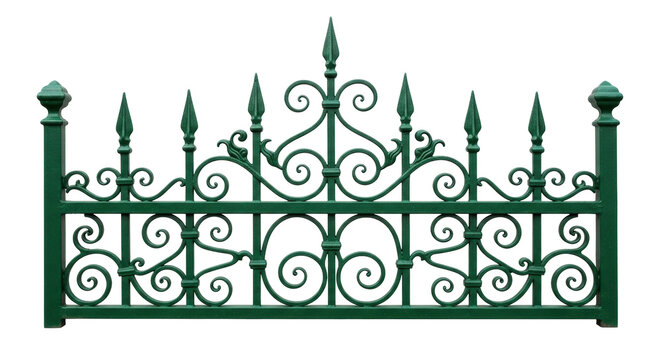 Isolated Green Iron Fence Section with Decorative Swirls, Elegant, Traditional style