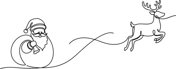 One Line Santa and Reindeer in Curved Sleigh Path.