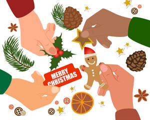 Christmas decorations.&nbsp;Human hands holding&nbsp;Christmas decorations&nbsp;&nbsp;for&nbsp;Christmas.&nbsp;Doodle cartoon style.&nbsp;Vector illustration.