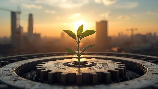 Sustainable development and innovation concept with plant growing in gear wheel