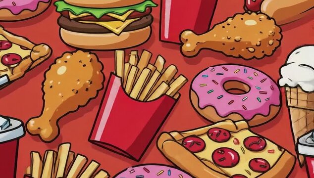 Animated fast food feast featuring pizza, burgers, fries, donuts, and soda in vibrant cartoon style