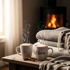 Cozy Winter Moment: A charming scene of warmth and relaxation, with two steaming mugs of coffee beside a stack of soft blankets in front of a fireplace.