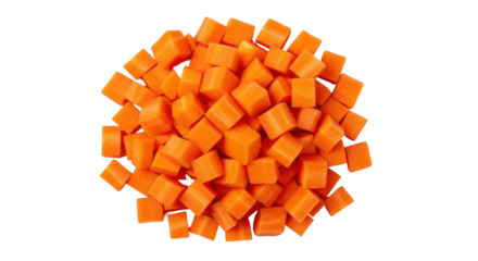 Isolated pile of diced carrots, freshly cut and ready to be used in a healthy meal preparation