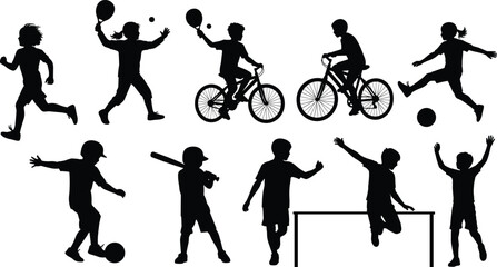 Children sports silhouettes, physical activity icons, biking, soccer, tennis, running, jumping, black vector, outdoor play illustration