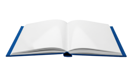 Isolated open book with blue cover, blank pages, ready for your text or creative design