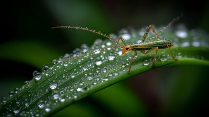 Small grasshopper on dewy leaf