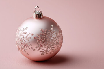 Pink Christmas ornament with floral design on pastel background  