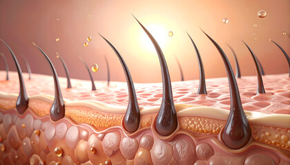 Hair follicle close up, skin structure, medical illustration, dermatology concept