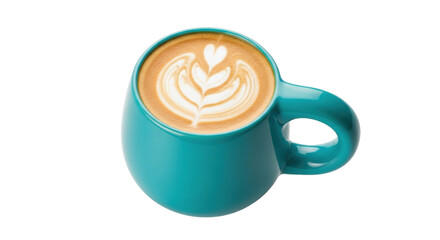 Isolated cappuccino in a turquoise mug shows the foam art coffee beverage, with a handle