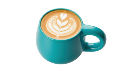 Isolated cappuccino in a turquoise mug shows the foam art coffee beverage, with a handle
