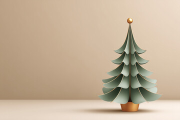 Minimalist paper Christmas tree decoration on neutral background  