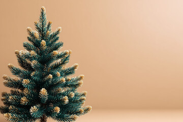 Christmas tree with pinecones on soft beige background  