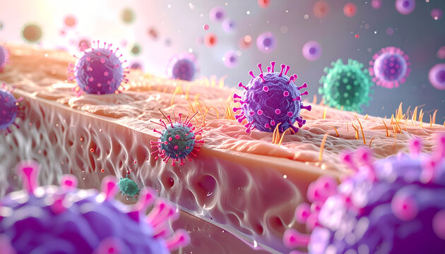 Virus cell spreading, Medical Illustration of Viral Infection in Human Tissue