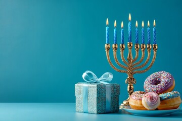 Jewish holiday hanukkah, colorful blank background with white table and golden menorah with blue candles, gift box and doughnut.