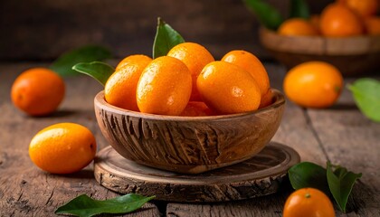 Bright, orange kumquats fill a rustic wooden bowl, with vibrant green leaves, on weathered wood background